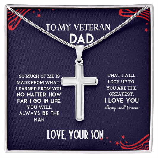 To My Veteran Dad | I Love You - Stainless Steel Cross Necklace